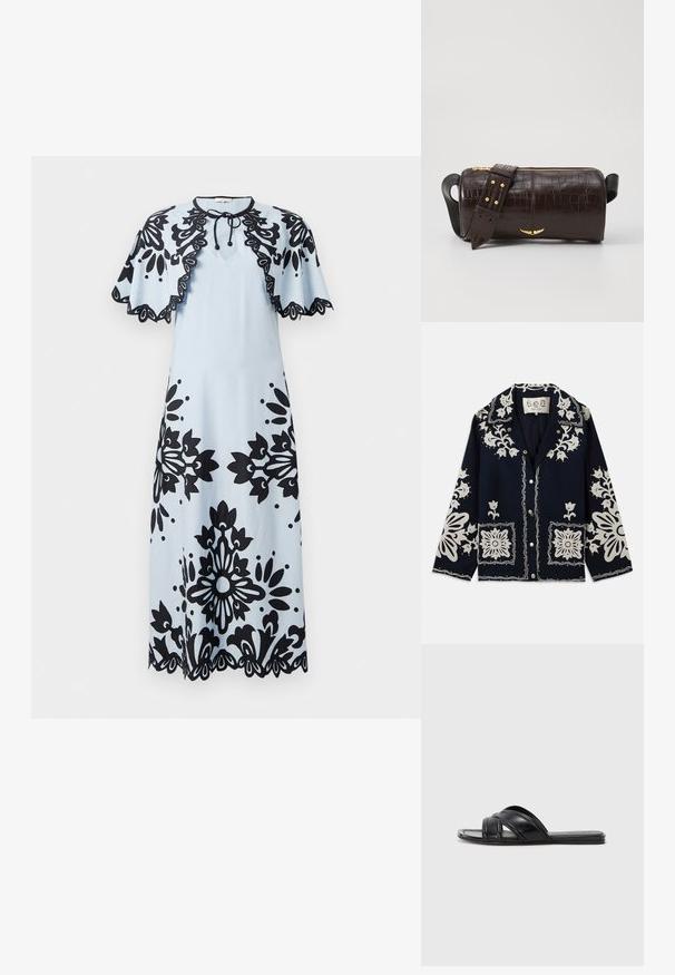 Navy jacket featuring white floral embroidery, square pockets, and button closure. Material appears textured and durable, with a classic collar design.; Light blue dress with black floral patterns, short cap sleeves, a round neckline, and a scalloped hem. Ties at the neck for closure.; Black slide sandals with a smooth leather finish, featuring crisscross straps and cut-out details, and a flat, flexible sole.; Brown crocodile-embossed leather bag with a cylindrical shape, gold-tone hardware, and a detachable strap featuring studs.