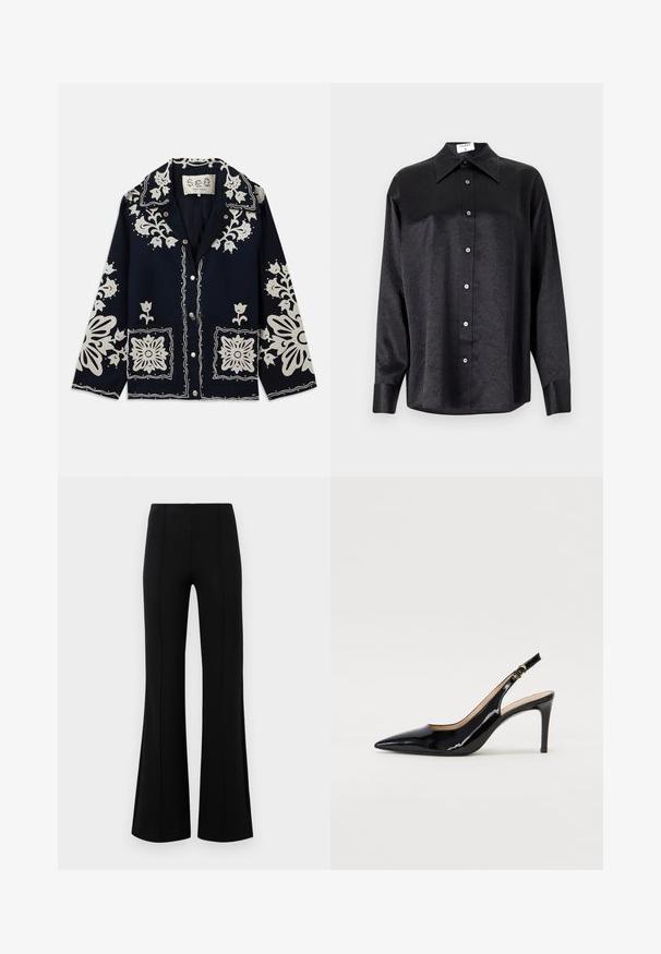 Navy jacket featuring white floral embroidery, square pockets, and button closure. Material appears textured and durable, with a classic collar design.; Black long-sleeve shirt with a collared neckline, featuring a crinkled texture, full button front, and cuffs. Made from a smooth fabric.; Black flared pants with a high waist, made of stretchy fabric. Features vertical seam details on the front and a smooth texture.; Black patent leather slingback pump with pointed toe, slim heel, and a subtle cutout design. Features a gold buckle on the strap.