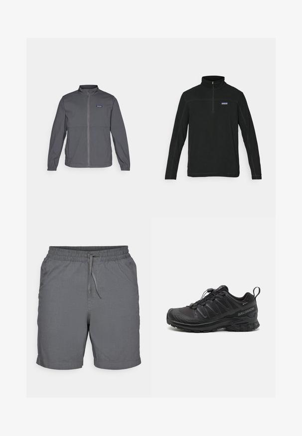 Grijze lichtgewicht jas met een hoge kraag, volledige rits aan de voorkant, elastische manchetten en een logopatch op de bovenste linkerborst. Glad textuur van de stof.; Zwarte fleece pullover met rits en lange mouwen, platgestikte naden en logo op de linkerborst. Strakke textuur, casual stijl en veelzijdig ontwerp.; Grijze shorts van lichtgewicht stof met een elastische tailleband en trekkoord. Beschikt over een gladde textuur en een lengte boven de knie.; Zwarte sportieve schoen met een gestructureerde synthetische bovenkant, een gevoerde zool en een snelvetersysteem. Heeft een verstevigde neus en hiel.