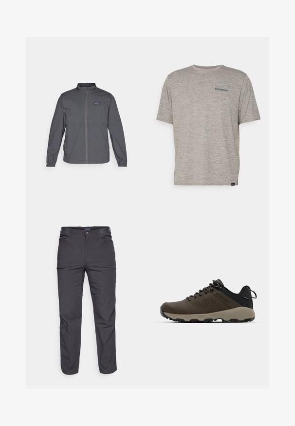 Casaco leve cinza com gola alta, fecho frontal completo, punhos elásticos e um logótipo em cima do lado esquerdo do peito. Textura de tecido suave.; Camiseta cinza de manga curta feita de um tecido suave e texturizado, com um pequeno logo azul da Patagonia no lado esquerdo do peito. Sem padrões adicionais.; Calças cinza-escuras feitas de um tecido durável, com um bolso com fecho éclair, corte reto e passantes para cinto para um ajuste ajustável.; Ténis impermeáveis castanhos com um upper texturizado, detalhes perfurados, apoio para o calcanhar preto e uma sola de borracha cinza. Os atacadores têm extremidades metálicas.