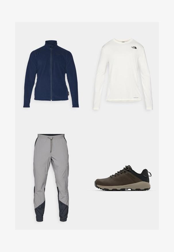 Námořnický modrý fleecový kabát s vysokým límcem, celoplošným zipem a bočními kapsami. Má hladkou texturu a minimální značkování na hrudi.; Bílá dlouhá košile s dlouhým rukávem a kulatým výstřihem, texturovaná látka, černé logo na levém rameni a decentní branding na spodním lemu.; Lehké šedé sportovní kalhoty s černými detaily. Elastický pas, stahovací šňůrka, tapered nohavice a boční kapsy.; Hnědé nepromokavé sneakers s texturovaným svrškem, perforovanými detaily, černým oporou paty a šedou gumovou podrážkou. Šňůrky mají kovové konce.