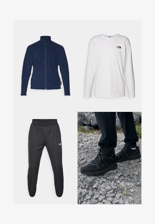Giacca in pile blu navy con colletto alto, zip completa e tasche laterali. Presenta una superficie liscia e un branding minimale sul petto.; T-shirt bianco a maniche lunghe in cotone con colletto rotondo. Presenta un piccolo logo nero sul petto. Texture liscia, vestibilità regolare.; Pantaloni sportivi neri con vita regolabile tramitecordino, vestibilità affusolata, polsini elasticizzati e un piccolo logo bianco sulla coscia sinistra, realizzati in tessuto morbido.; Scarpe da esterni nere realizzate in mesh e materiale sintetico, con una parte superiore testurizzata, un sistema di allacciatura sicuro e una suola robusta, su terreno roccioso.