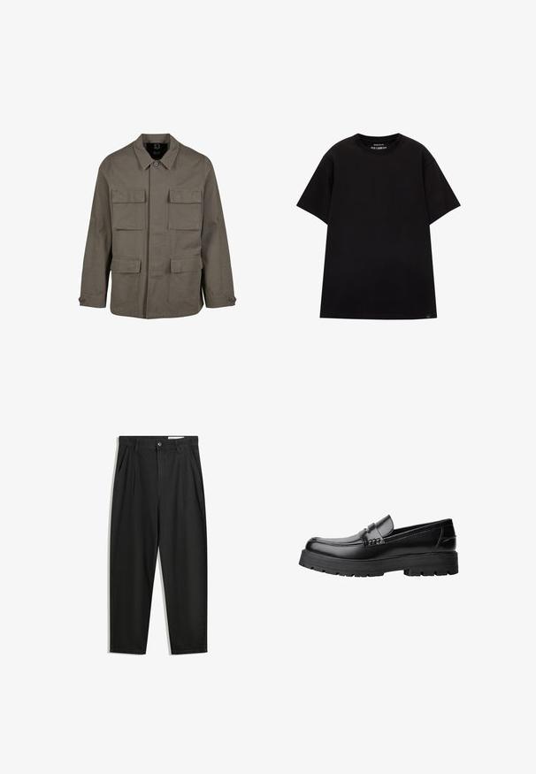 Kaki utilityjacka i bomullsblandning, med rak skärning, två bröstfickor och knäppningar på ärmarna. Slät textur och minimal design.; PULL&BEAR JOIN LIFE - T-shirt - bas - black; Svarta bomullsshorts med avslappnad passform, med en klassisk midja, framveck och sidfickor. Slät textur utan mönster.; Svart läderloafer med kraftig mönstrad sula och dekorativ rem över framtill, visad i vänster sidoprofil på vit bakgrund.