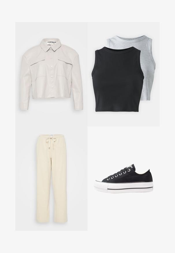 Lühikeses heledas beežis kunstnahast jakk, millel on krae, nööbid ja kaks rinna taskut. Sile tekstuur ja minimalistlik disain.; Even&Odd Petite 2 PACK - Topp - light grey/black; Even&Odd Petite Püksid - beige; Mustkunst sünnil varrega mustad keedekad, valge kummine tald, ümmargune ninaosa, madal disain, metallist silmadega ja tekstureeritud ninaosa. Peen must riba taldadel.