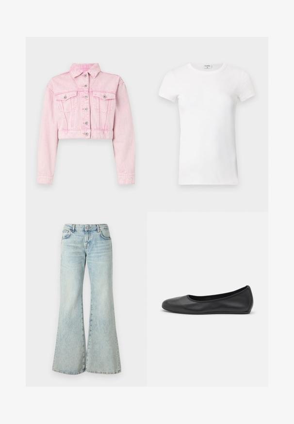 Korte roze denimjack met een puntige kraag, sluiting met zilveren knopen aan de voorkant en twee borstzakken. Vervaagde textuur overal.; Wit geribd T-shirt met korte mouwen en een ronde hals. De stof lijkt glad met een getailleerde pasvorm. Logo zichtbaar op de kraag.; Lichtblauwe flared jeans van denim, met een hoge taille, zakken en rafelige zomen. De stof heeft een vervaagde wassing en een subtiele textuur.; Zwarte leren ballerina met een ronde neus, gladde textuur, minimale stikdetails en een flexibele zoolontwerp.