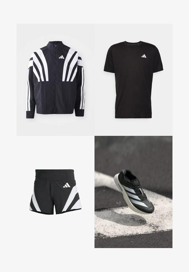 Čierna bunda s vysokým golierom, plným zipsom a výraznými bielymi diagonálnymi pruhmi na rukávoch. Vyrobená z ľahkého materiálu s hladkou textúrou.; Čierne bavlnené tričko s krátkymi rukávmi, klasickým výstrihom a bielym logom na ľavej strane hrude. Hladká textúra a jednoduchý dizajn.; adidas Performance ADIZERO A  M - Športové šortky - black; Čierna športová obuv s tromi bielymi pruhmi, textúrovaným zvrškom, štíhlym dizajnom a zakrivenou podrážkou, umiestnená nad bielou čiarou na asfaltovom povrchu.