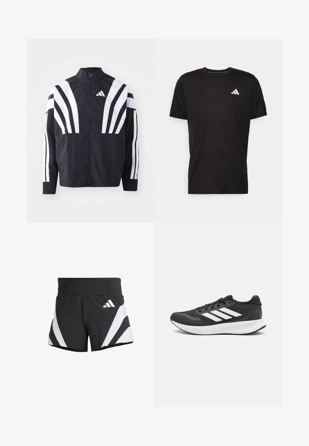 Fekete dzseki magas gallérral, teljes cipzárral és merész, fehér, átlós csíkokkal az ujjakon. Könnyű anyagból készült, sima tapintással.; Fekete pamut póló rövid ujjal, kerek nyakkivágással, bal mellrészen fehér logóval. Sima textúra és egyszerű dizájn.; adidas Performance ADIZERO A M - Sport rövidnadrágok - black; Fekete sportcipő légáteresztő hálós felsőrésszel, fehér kiegészítőkkel és párnázott talppal. Az oldalon három csíkkal ellátott logó található.