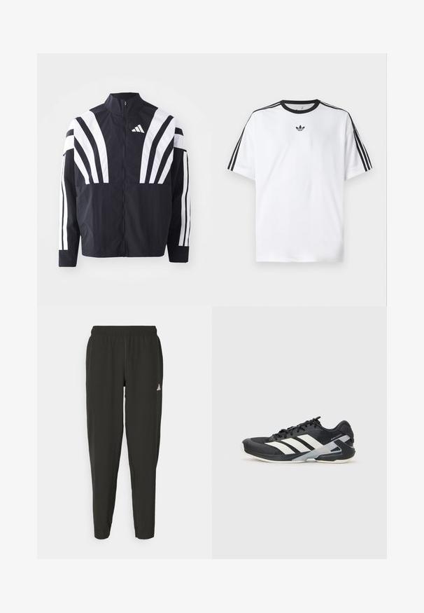 Zwarte jasje met een hoge kraag, volledige rits en gedurfde witte diagonale strepen op de mouwen. Gemaakt van lichtgewicht stof met een gladde textuur.; Witte T-shirt van katoen, met een zwarte ronde halslijn en drie zwarte strepen op elke schouder. Klein zwart logo op de borst.; Zwarte sportbroek met een elastische tailleband, slim fit en een wit logo op het linkerbeen. Soepele, lichte stof.; Zwarte sportschoen met witte strepen, bovenwerk van mesh, ronde neus en geveerde zool. Heeft een getextureerde hak en een veilig vetersysteem.