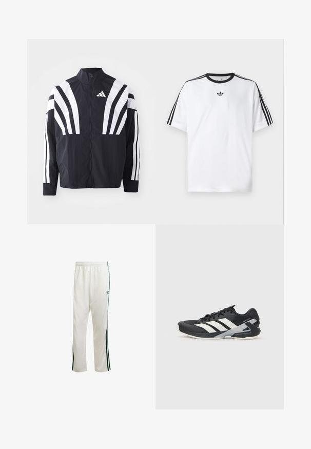Schwarze Jacke mit hohem Kragen, durchgehendem Reißverschluss und kräftigen weißen diagonalen Streifen an den Ärmeln. Aus leichtem Stoff mit glatter Textur gefertigt.; Weißes T-Shirt aus Baumwolle mit einem schwarzen, runden Halsausschnitt und drei schwarzen Streifen auf jeder Schulter. Kleines schwarzes Logo auf der Brust.; Weiße Sporthose mit grünen Seitenstreifen, elastischem Bund und einem Logo auf der oberen linken Seite. Hergestellt aus leichtem Stoff.; Schwarzer Sportschuh mit weißen Streifen, Obermaterial aus Mesh, runde Zehenform und gepolstertem Sohlenteil. Verfügt über eine strukturierte Ferse und ein sicheres Schnürsystem.