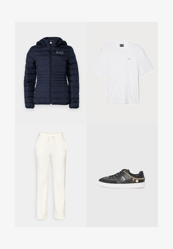 EA7 Emporio Armani - Kurtka przejściowa; Biała bawełniana koszulka z krótkim rękawem, okrągłym dekoltem, z małym złotym logo EA7 na lewej piersi.; Białe dresy z elastycznym paskiem w talii, sznurkiem do regulacji i bocznymi kieszeniami, zaprezentowane na jednolitym tle.; Czarne sneakersy wykonane ze skóry i tkaniny, z białą podeszwą, złotymi akcentami w postaci łańcucha oraz detalem logo po boku.