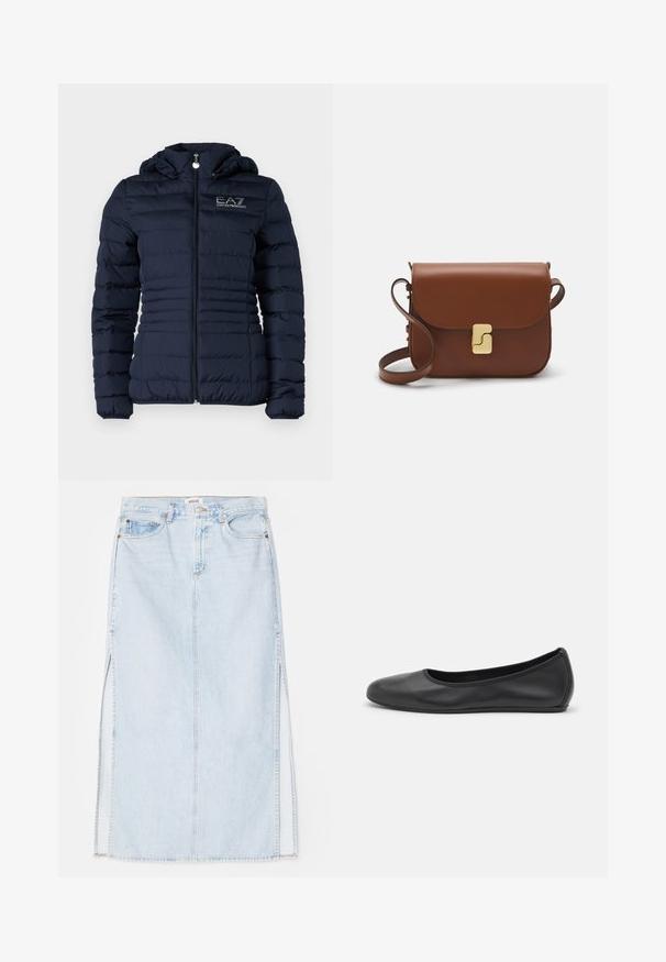 EA7 Emporio Armani JACKET - Viegla jaka - blue; Balta īsām piedurknēm T-krekls, izgatavots no ribota auduma. Apaļš izgriezums, regulāra piegriezuma un diskrēti šuvumu detaļas. Bez printiem vai grafikām.; Gaiši zilā denima maksi svārki ar taisnu griezumu, ar sānu šķēlēm un piecu kabatu dizainu. Izteikta izšūšana un metāla pogas aizdare.; Melna ādas baleta kurpe ar noapaļotu purngalu, gludu tekstūru, minimālu šuvju detalizāciju un elastīgu zoles dizainu.; Bordo ādas rokas soma ar atloku, zeltītām detaļām, plecu siksnu un gludu virsmu. Kompakta, taisnstūrveida forma.