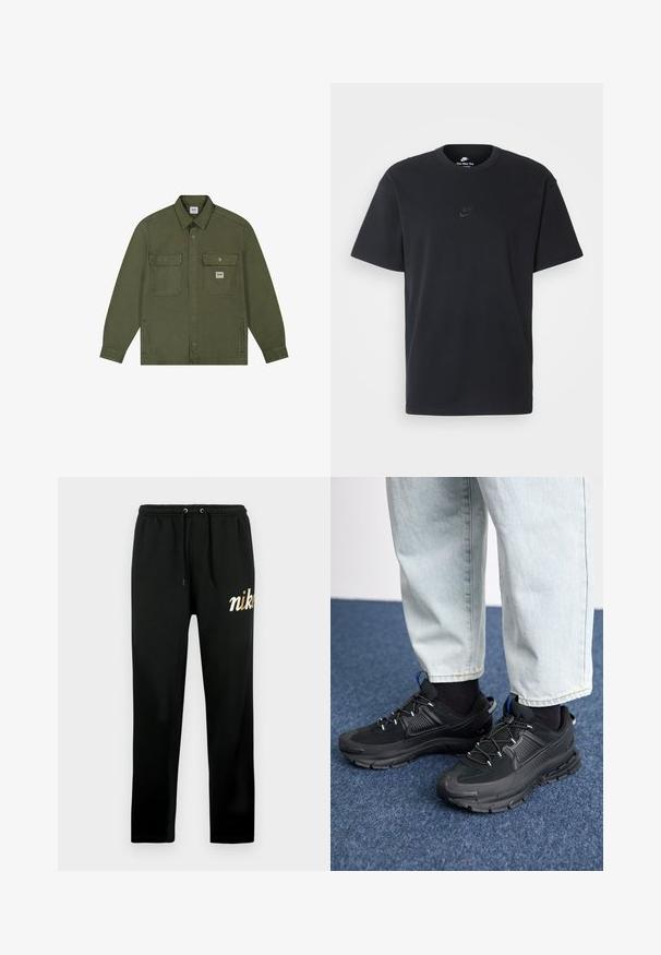 Lee WORKWEAR - Tunn jacka - oak moss; Svart t-shirt i bomull från Nike med klassisk rund halsringning, korta ärmar och en diskret, präglad logotyp på bröstet. Slät textur.; Svarta mjukisbyxor av mjukt tyg med resår i midjan och dragsko, avsmalnande ben och en guldinbroderad "nike"-logotyp.; Svarta sportskor med texturerat tyg och gummisulor, med elastiska snörningar och en blå detalj på hälen. Bärs med ljusa jeans.