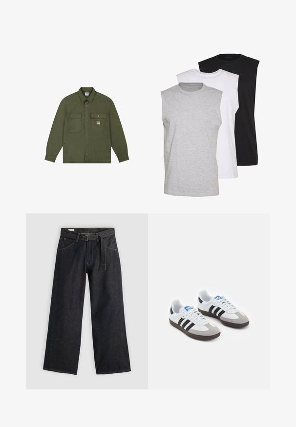 Lee WORKWEAR - Summer jacket - oak moss; Three sleeveless t-shirts in gray, white, and black. Soft cotton material with a crew neck and relaxed fit. Simple design, no patterns.; Dark denim wide-leg pants with a belted waist, featuring front pockets and contrasting stitching. Smooth texture with a clean design.; Sport shoes with a white leather upper, gray suede toe, and three black stripes. Features a blue logo on the tongue and a textured rubber sole.