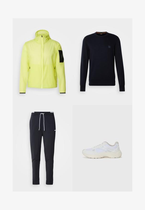 Lett, neongul jakke med hette, glidelås og svart lomme på armen; har elastiske mansjetter og pustende stoff.; Marineblå strikkegenser med lange ermer, rund hals, ribbestrikkede mansjetter og nederkant, med et lite firkantet logo-patch på brystet.; Sorte slim-fit joggebukser med hvit snor, elastisk midjebånd med hvite striper, og en liten hvit logo på overlåret.; Hvit idrettssko laget av mesh og skinn, med en teksturert mellomsåle, teksturerte detaljer og "HUGO"-logo på siden.