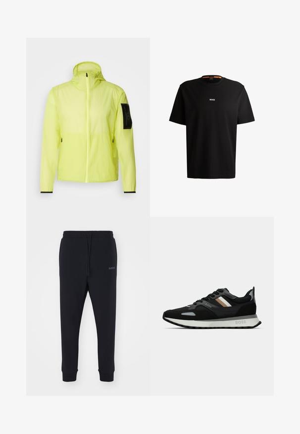 Lahek neon rumen plašč s kapuco, zadrgo in črno žepno roko; ima elastične manšete in zračen material.; Črna bombažna majica s krožnim izrezom, kratkimi rokavi in belim logotipom "BOSS" na sredini prsnega dela. Gladka tekstura, sproščen kroj.; Črne trenirke iz mehkega materiala z elastičnim pasom, vrvico in zoženimi nogami. Imajo majhen logotip na strani.; Črne tekaške čevlje z teksturirano površino, svetlo sivi poudarki in tremi vodoravnimi črtami v rjavi barvi. Imajo belo oblazinjeno podplat.