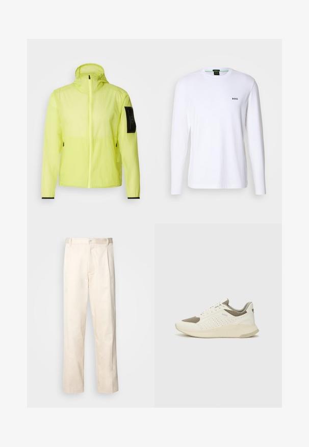 Lett, neongul jakke med hette, glidelås og svart lomme på armen; har elastiske mansjetter og pustende stoff.; Hvit langermet T-skjorte laget av bomull, med rund hals og en liten svart "BOSS" logo på venstre brystområde.; Beige bomullsbukser med rett benfatt, med knappelukking og folder foran for ekstra detaljer.; Hvit og lysebeige treningssko, med en mesh-overdel, perforerte detaljer og en teksturert mellomsåle med merkevare på hælen.