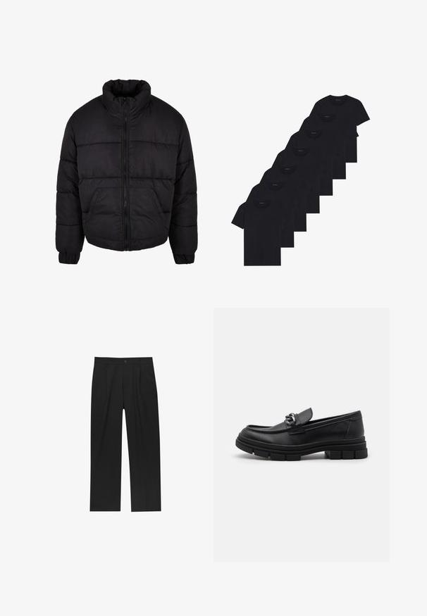 Fekete pufferek dzseki magas gallérral, cipzáras elülső résszel és elasztikus mandzsettákkal. Jellemzője a vízszintes varrás és két elülső zseb.; Nyolc darabból álló fekete pamut pólókészlet rövid ujjakkal és kerek nyakkal, sima kialakítással és puha felülettel.; Fekete nadrág egyenes szárú kialakítással, sima anyagból készült. Elöl redők és egy gombos záródás található a derékon.; Fekete bőr mokaszín, lekerekített orral, díszes pánttal és fém kiegészítővel, valamint vastag, texturált talppal. Simább felület, finom részletezéssel.