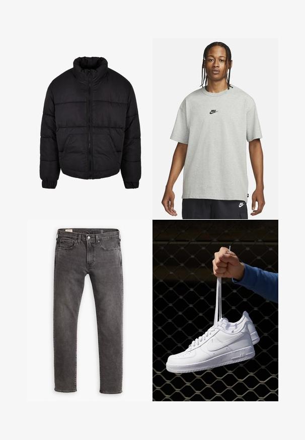 Schwarze Puffjacke mit hohem Kragen, Reißverschluss vorne und elastischen Bündchen. Verfügt über horizontale Nähte und zwei Vordertaschen.; Junge Person mit geflochtenem Haar, die ein hellgraues Nike-T-Shirt und schwarze Nike-Shorts trägt, vor einem einfarbigen weißen Hintergrund.; Graue Jeans aus Denim mit geradem Schnitt, fünf Taschen-Design und Knopfleiste. Besitzt dezente Ausbleichungen und tonal abgestimmte Nähte.; Weiße Leder-Sneaker mit Perforationen, runder Zehenpartie, flacher Sohle und dicken Schnürsenkeln, mit sichtbar eingesticktem Swoosh-Logo und "AIR" an der Ferse.