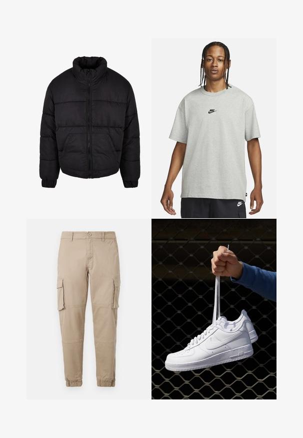 Juodas pūkinis švarkas su aukštu apykakle, užtrauktuku priekyje ir elastinėmis rankovėmis. Yra horizontalūs siūlai ir dvi priekinės kišenės.; Jaunas žmogus su pintomis plaukomis, vilkintis šviesiai pilką Nike marškinėlį ir juodus Nike šortus, priešais vientisą baltą foną.; Bežiniai cargo kelnės iš lengvos medvilnės. Su elastingais užtrauktukais, keliais šoniniais kišenėmis ir mygtukų uždarymu.; Balti odiniai sportiniai bateliai su perforacijomis, apvalia nosimi, plokščiu padu ir storomis raištelėmis, su matomu swoosh logotipu ir "AIR" ant kulno.