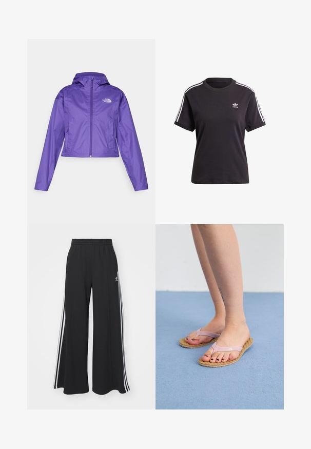 Rövidített, lila esőkabát, könnyű, vízálló anyagból készült. Kapucnival, cipzáros záródással és elülső zsebekkel rendelkezik. Logó a mellkason.; Fekete pamut, rövid ujjú póló kerek nyakkal, fehér csíkokkal a vállakon és egy kis fehér Adidas logóval a mellkasán.; Fekete, bő szárú melegítőnadrág, rugalmas derékkal, fehér oldalsávokkal és hímzett logóval a bal combon.; Világos rózsaszín gumiból készült papucs, texturált barna talppal, thong stílusú pánttal, logóval, mezítláb viselve.