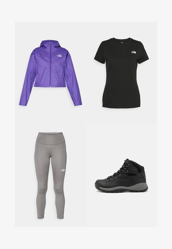 Cropped purple rain jacket made of lightweight, water-resistant material. Features a hood, zip closure, and front pockets. Logo on chest.; Black cotton t-shirt featuring a crew neckline and short sleeves. Notable white logo on the upper left side. Smooth texture, casual fit.; Gray leggings made from a stretchy material, featuring a high waistband and the Northern Face logo in white on the left leg.; Black hiking boot with a mid-top design, featuring a textured upper, gray accents, and durable rubber sole with traction lugs.