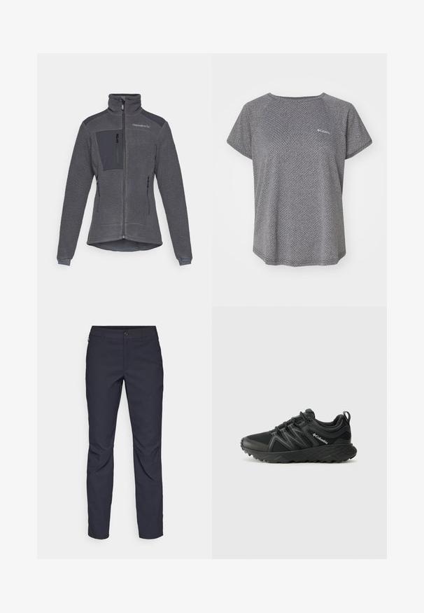 Tamsiai pilkas poliarinis džemperis su užtrauktuku priekyje, aukšta apykakle ir kontrastingomis lygiomis medžiagomis ant pečių bei krūtinės kišenės.; Pilkas trumpas rankovėmis marškinėliai su subtiliu tekstūriniu raštu, apvalia iškirpte ir Columbia logotipu ant krūtinės. Minkšta medžiaga, laisvas kirpimas.; Tamsiai mėlynos kelnės, pagamintos iš lygaus audinio, su priekiniais mygtukais, lieknos silueto ir raukšlėmis ant kelių.; Columbia PEAKFREAK - Turistiniai batai - black