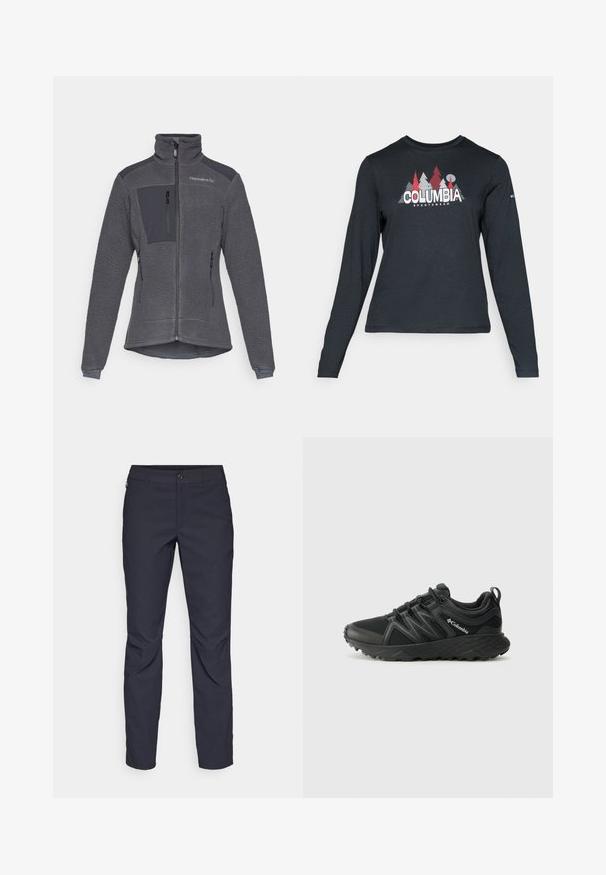 Fleecejakke i mørkegrå med glidelås foran, høy krage og kontrasterende glatte stoffsyninger på skuldrene og brystlommen.; Langermet mørkegrå skjorte med grafikk av røde trær og fjell; "COLUMBIA" logo i fet hvit tekst. Mykt stoff, standard rund hals.; Marineblå bukser laget av glatt stoff, med frontknappelukking, slim-fit design og pressede detaljer ved knærne.; Columbia PEAKFREAK - Fjellsko - black