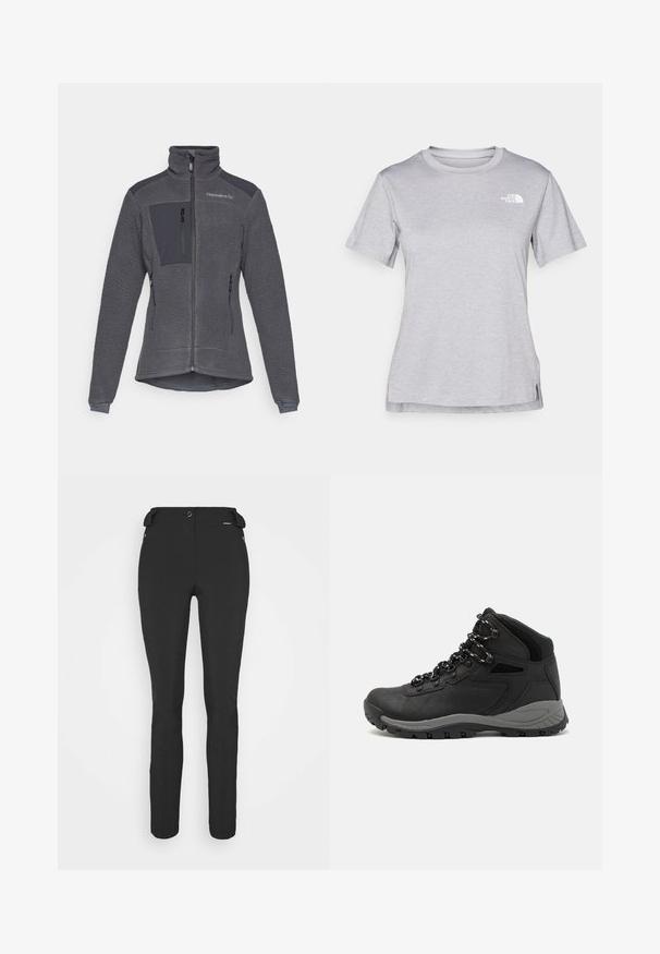 Fleece-takki tummanharmaana, jossa on vetoketju etupuolella, korkea kaulus ja kontrastiväriset sileät kangaskoristeet hartioilla ja rinnassa.; Harmaa lyhythihainen t-paita, joka on valmistettu pehmeästä, kosteutta siirtävästä kankaasta. Siinä on pyöreä kaula-aukko ja pieni valkoinen logo vasemmassa yläkulmassa.; Mustat, slim fit -housut, jotka on valmistettu joustavasta materiaalista. Ominaisuuksiin kuuluu vetoketjullinen sivutasku, muotoillut polvet ja sileä pinta.; Musta vaelluskenkä, jossa on puolivartinen muotoilu, jolle on ominaista teksturoitu päällinen, harmaat yksityiskohdat ja kestävä kumipohja, jossa on pitoita lisääviä lukuja.