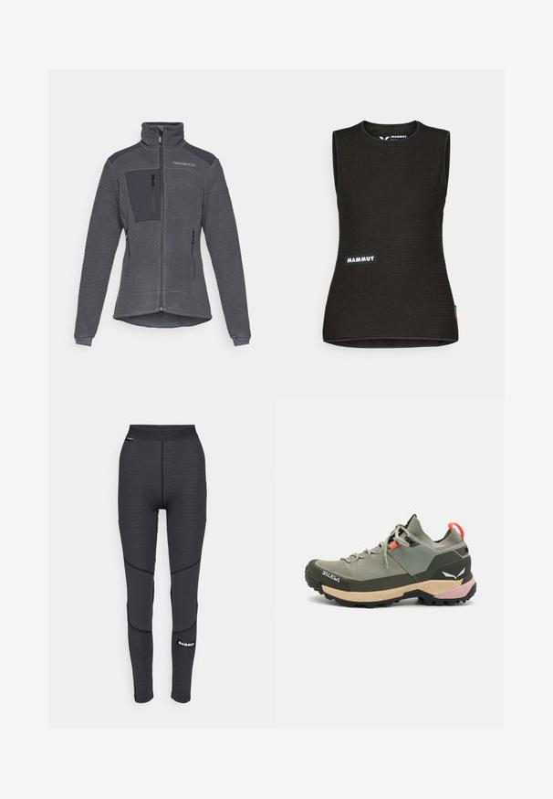 Giacca in pile di colore grigio scuro con zip frontale, colletto alto e accenti in tessuto liscio a contrasto sulle spalle e tasca sul petto.; Canottiera nera senza maniche con un motivo texturizzato, caratterizzata da un colletto rotondo e un logo "MAMMUT" sul davanti. Realizzata in materiale traspirante.; Leggings sportivi neri con pannelli testurizzati e cuciture rinforzate, caratterizzati da un logo a marchio e un ampio elastico in vita.; Scarpa da trekking leggera verde con materiali in rete e gomma, suola antiscivolo nera, accenti rosa e arancioni e punta rinforzata.