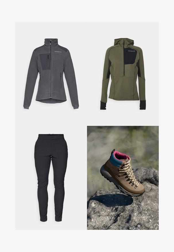 Fleecejakke i mørkegrå med glidelås foran, høy krage og kontrasterende glatte stoffsyninger på skuldrene og brystlommen.; Grønn langermet genser med hette, strukturert stoff, halv glidelås foran, svart brystlomme og kontrasterende svarte mansjetter.; Sorte, tettsittende bukser laget av stretch-stoff. Har en midjebånd, beltehilder og en glidelås foran med knapp. Ingen synlige mønstre.; Brune turtursko med blå og rosa detaljer, med en teksturert overdel, grå gummisåle og et markant snøresystem.