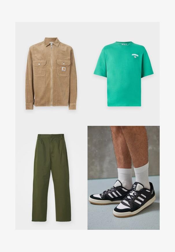 Casaco de corduroy castanho com fecho frontal, dois bolsos no peito e um pequeno rótulo do logótipo. Apresenta um colarinho clássico e uma textura canelada.; T-shirt de algodão verde com decote redondo, mangas curtas e o logótipo "ADIDAS" bordado no peito, apresentando um detalhe floral abaixo do texto.; Calças verde oliva de cintura alta com um design de perna reta. Feitas de um tecido leve, com pregas frontais e fecho de botão.; Ténis em preto e branco com upper em camurça e couro, apresentando três riscas brancas, um toe perfurado e uma sola em borracha de goma.