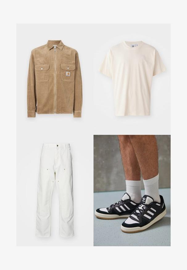 Rjava kordna jakna s sprednjim zadrgo, dvema žepoma na prsih in majhnim logotipom. Ima klasičen ovratnik in rebrasto teksturo.; Kremasta bombažna majica s krožnim izrezom in kratkimi rokavi; vsebuje majhen, svetleč logotip na prsih.; Bela bombažna cargo hlače z udobnim krojem. Značilnosti vključujejo sprednje žepe, zlato poudarjeno kovinsko opremo in ojačane kolenske dele.; Črno-bele superge z zgornjim delom iz usnja in nubuka, ki imajo tri bele črte, perforiran vrh prstov in podplat iz gume.