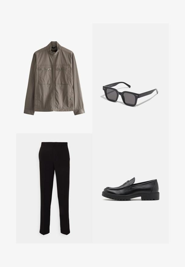 Harmaa kevyt takki, jossa on korkea kaulus, kaksi vetoketjullista rintataskua ja sivupainonappikiinnitys. Sileä kangas ja yksinkertainen muotoilu.; Mustat poolokauluspusero, joka on valmistettu pehmeästä neulomateriaalista. Siinä on pitkät hihat, ribbireunus kauluksessa ja helmassa. Yksinkertainen, tyylikäs muotoilu ilman kuvioita.; Mustat housut suoraan istuvuudella, joissa on sileä pinnan rakenne eikä näkyviä kuvioita tai metalliosia. Klassinen muotoilu, jossa on selkeä siluetti.; Mustat nahkakengät, joissa on pyöreä varvas, kenkien helposti liukuvat mallit ja paksu kumipohja, jossa on teksturoitu pito. Korotettu kanta ja hillityt ompeluyksityiskohdat.; Mustat suorakulmaiset aurinkolasit tummilla linsseillä, joissa on paksu kehys, hienovaraiset yksityiskohdat sivuilla, eikä näkyviä logoja brändin nimen lisäksi.; Metallinen kvartsikello mustalla kellotaululla, valkoisilla numeroilla ja päivämääränäytöllä. Varustettu ruostumattomasta teräksestä valmistetulla rannekkeella ja vedenkestävyydellä 100 metriin.