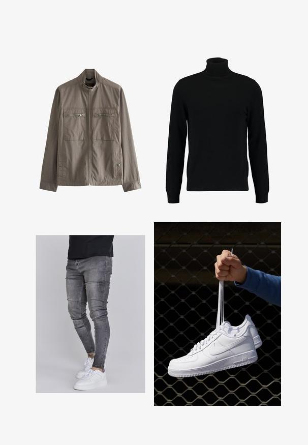 Gray lightweight jacket with a high collar, two zippered chest pockets, and side button closure. Smooth fabric with a simple design.; Black turtleneck sweater made of a soft knit material. Features long sleeves, ribbed collar, and hem. Simple, sleek design without patterns.; Skinny jeans in faded gray denim, featuring distressed details at the knees, paired with white sneakers. Smooth texture, slim fit design.; White leather sneakers with perforations, round toe, flat sole, and thick laces, featuring a visible swoosh logo and "AIR" on the heel.