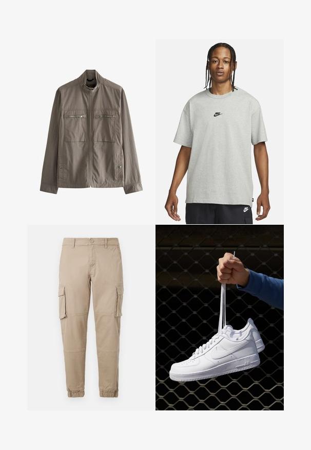 Hallikas kerge jakk kõrge kraega, kahe lukuga rindkottide ja külgmise nupuga sulgemisega. Sile kangas ja lihtne disain.; Noor, kellel on punutud juuksed, kannab heledat halli Nike T-särki ja musti Nike lühikesi pükse,neutraalset valget tausta vastu.; Beežid cargo-püksid kergest puuvillaste materjalist. Omab elastseid varrukatükke, mitmeid külgpocket'ite ja nööbiga sulgemist.; Valged nahast tennisetossud, millel on perforatsioonid, ümar nina, lame tallus ja paksud nöörid, nähtava swooshi logoga ja "AIR" kontsadel.