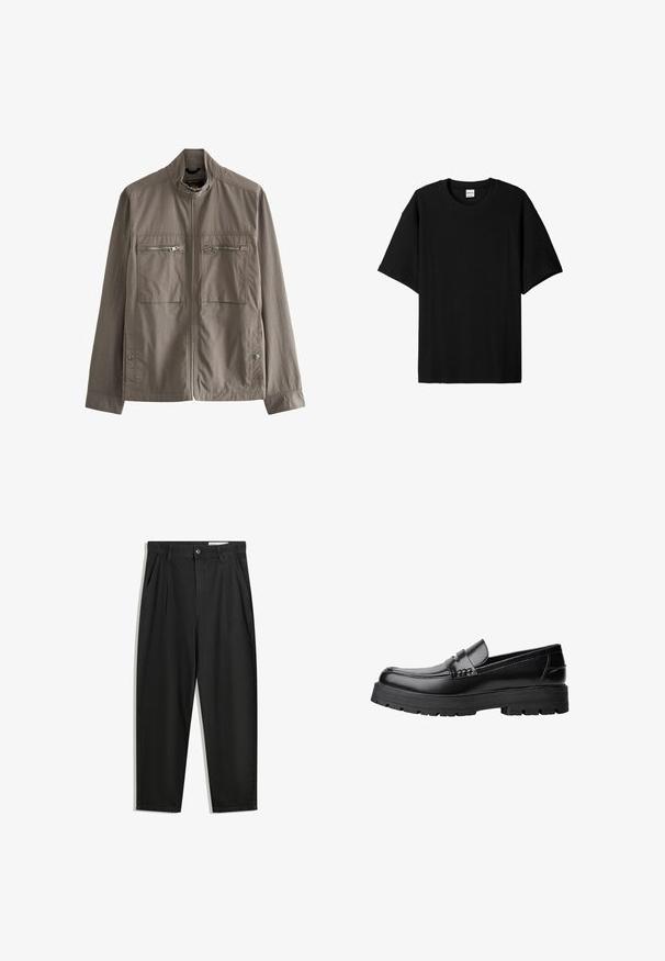 Gray lightweight jacket with a high collar, two zippered chest pockets, and side button closure. Smooth fabric with a simple design.; Black ribbed short-sleeve t-shirt with a round neck, featuring a relaxed fit and textured surface. Simple design; no graphics or accents.; Black cotton trousers with a relaxed fit, featuring a classic waistband, front pleats, and side pockets. Smooth texture without patterns.; Black leather loafer with chunky treaded sole and decorative strap across the upper, shown in left side profile on white background.