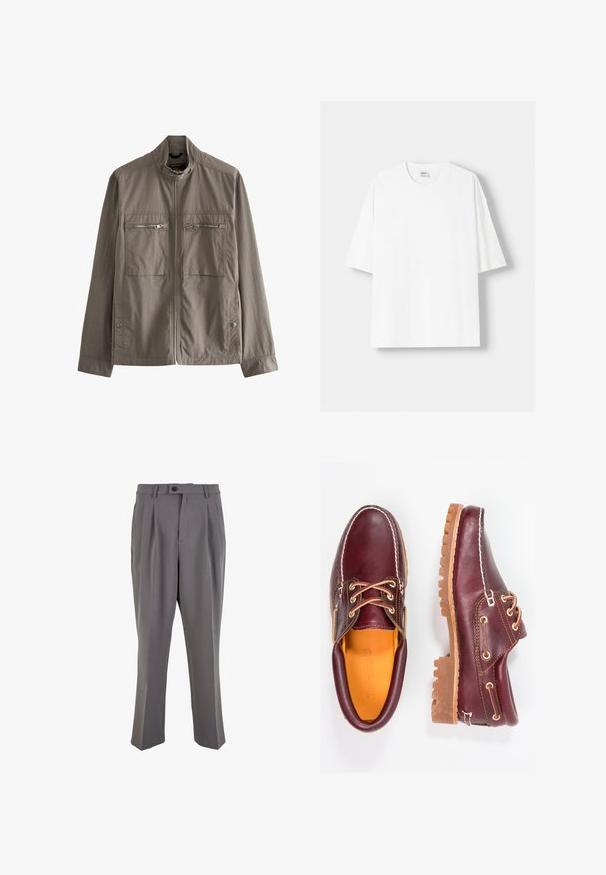 Šedá lehká bunda s vysokým límcem, dvěma kapsami na zip na hrudi a postranním zapínáním na knoflíky. Hladká tkanina se jednoduchým designem.; Bílá krátkosrstá tričko s krátkým rukávem vyrobené z bavlny, se zaobleným výstřihem a volným střihem. Hladká textura, bez viditelných vzorů nebo akcentů.; Šedé plisé kalhoty vyrobené z hladkého materiálu, s rovnými nohavicemi, jednořadovým zapínáním na knoflík a poutky na opasek. Minimalistický design.; Burgundské kožené boty s hnědými gumovými podrážkami, kulatou špičkou, bílým prošíváním a zlatými očky. Interiér obsahuje žlutou podšívku.