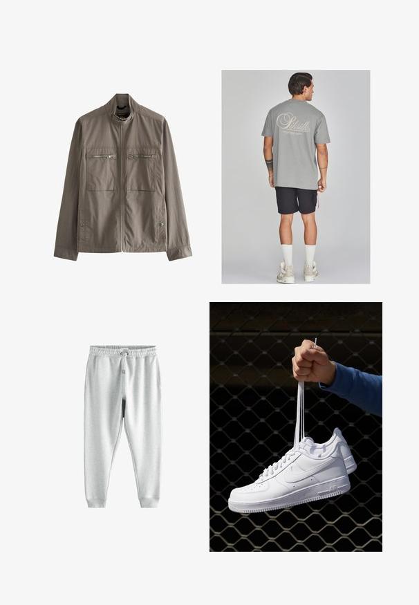 Szürke, könnyű dzseki magas gallérral, két cipzáras mellzsebbel és oldalsó gombos záródással. Simább anyag egyszerű dizájnnal.; Szürke pamut póló, nagy krém színű logóval a hátsó részén, fekete bermudával párosítva. A modellen fehér zoknik és bézs sportcipők vannak.; Szürke melegítőnadrág húzózsinóros derékkal, két oldalsó zsebbel és szűkített bokákkal, puha, textúrált anyagból.; Fehér bőr sportcipők perforációval, kerek orral, lapos talppal és vastag fűzőkkel, látható swoosh logóval és "AIR" felirattal a sarokrészen.