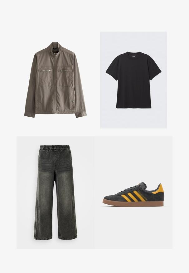 Siva lagana jakna s visokim ovratnikom, s dva džepa na prsima sa zatvaračem i bočnim dugmadi. Glatka tkanina jednostavnog dizajna.; Crna majica kratkih rukava od pamuka. Ima okrugli izrez i opušteni kroj. Jednostavan dizajn bez vidljivih uzoraka ili akcentskih detalja.; Crne pranedene traperice s elastičnim pojasom i širokim nogavicama, koje sadrže suptilne vertikalne šavove s bočnih strana.; Crne nubuk tenisice s žutim detaljima, sa tri pruge i smešnim gumenim potplatom. Imaju jastučić na jeziku za udobnost.