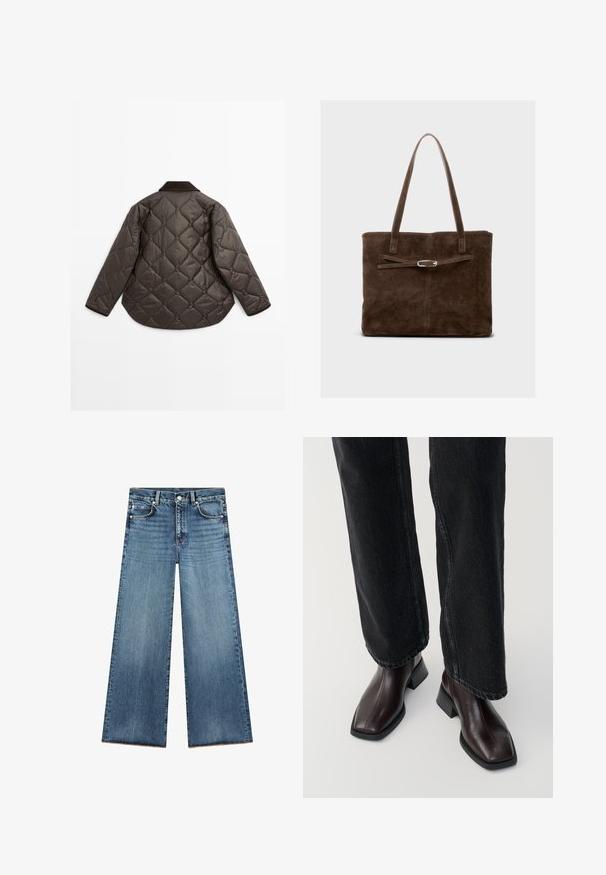 Brun quiltet jakke med afrundet kant, lange ærmer og en mørk krave. Tekstureret overflade med diamantformede mønstre overalt.; Brun bomulds t-shirt, korte ærmer, rund halsudskæring, afslappet pasform, glat tekstur, minimalistisk design, ingen synlige mønstre eller accenter.; Lysblå vide jeans lavet af denim med høj talje, som har fem lommer, kontrasterende syninger og frynset kant nederst.; Brune læder ankelstøvler med firkantet tå og blokhæl, parret med sorte brede jeans. Glat tekstur og minimalistisk design.; Brun ruskinds tote bag med lange håndtag, der har et fladt design og en dekorativ rem med accent i sølvfarvet metal.