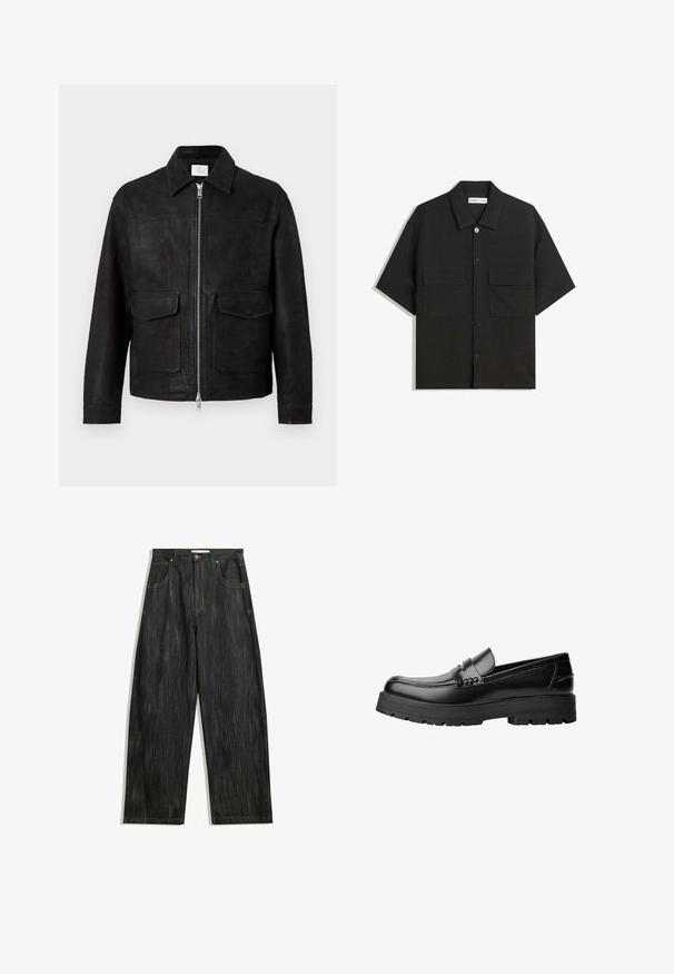 Fekete bőr dzseki gallérral, elülső cipzárral és két nagy hajtószárnyas zsebbel egy sima világos háttér előtt.; Fekete, rövid ujjú ing sima textúrájú anyagból készült, két elülső zsebbel, klasszikus gallérral és gombos záródással.; Sötét farmernadrág laza szabással, finom függőleges textúrával, sárga varrással, öt zsebbel és klasszikus gombos záródással.; Fekete bőr loaferek vastag, bordázott talppal és díszcsíkkal az upper rész felett, bal oldali profilmódban, fehér háttér előtt.