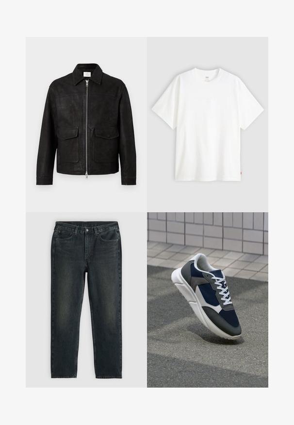 Musta nahkjakk, millel on krae, ees lukuga ja kaks suurt klappi taskut lihtsal heledal taustal.; Valge lühikeste varrukatega puuvillane T-särk, millel on ümmargune kaelus. Ees on peene reljeefse logoga detail ja hemmi peal punane silt.; Tumed sinised denim teksad sirgete sääremõõtudega, viie tasku, lukuga ja kontrastsetes õmblustes. Kanga peal on õrn kulumine.; Sneaker, mille sinine võrkkangas, hallid nubukdetailid, valge kummitald ja lamedad valged paelad, disainitud mugavuseks ja hingavuseks.