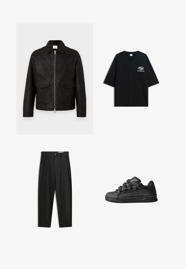 Crna kožna jakna s ovratnikom, prednjim zatvaračem i dva velika džepa s preklopom na jednostavnoj svijetloj pozadini.; Crna oversized pamukasta majica s okruglim izrezom i kratkim rukavima, s bijelim logotipom "Shibuya" otisnutim na prednjoj strani.; Crne pamučne hlače s opuštenim krojem, s klasičnim pojasom, prednjim nabranjima i bočnim džepovima. Glatka tekstura bez uzoraka.; Crne tenisice s glatkom kožnom gornjom površinom, teksturiranim detaljima i okruglim crnim i bijelim vezicama. Debeli gumeni potplat s uzorkom.