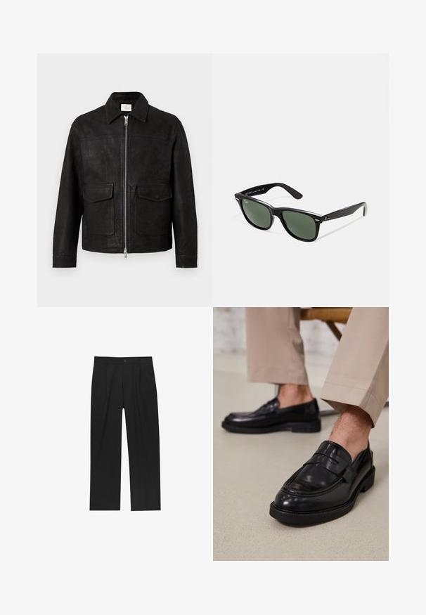 Črna usnjena jakna s ovratnikom, sprednjim zapiranjem na zadrgo in dvema velikima žepoma s poklopcem na enobarvni svetli podlagi.; Bela bombažna majica brez rokavov z okroglo izrezom, širokimi naramnicami in ravnim robom, ki se ponaša z gladko teksturo in brez vidnih vzorcev.; Črne hlače z ravnim krojem, narejene iz gladkega materiala. Imajo sprednje gube in enojno zaponko na pasu.; Črne usnjene loafer čevlje z gladko površino, ki imajo okrasno zaponko in kontrastno šivanje, v kombinaciji s bež hlačami.; Črne plastične sončna očala z zelenimi lečami, kvadratni okvirji, srebrni detajl na obrvi in teksturirani ročaji. Blagovna znamka navedena na notranji strani ročaja.