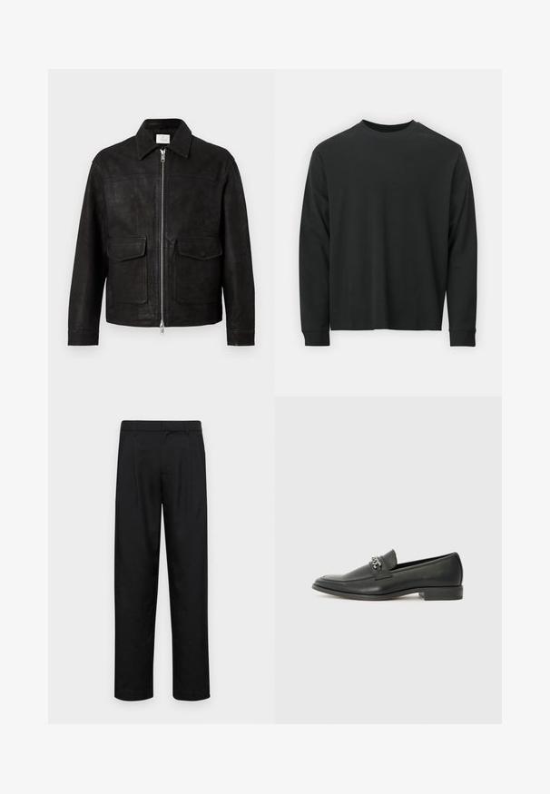 Musta nahkatakki, jossa on kaulus, edessä vetoketju ja kaksi suurta läppätaskua vaaleaa taustaa vasten.; Pitkähihaine musta T-paita, joka on valmistettu puuvillasta. Tässä paidassa on pyöreä pääntie, rento istuvuus ja ribbikuvioidut hihansuut. Pintakuvasto on sileä ilman näkyviä kuvioita.; Mustat housut, jotka on valmistettu sileästä kankaasta, suoran lahkeen muotoilulla, kahdella etupleekillä ja tavanomaisella vyötäröllä, jossa on vyölenkit.; Musta nahkakengät, joissa on sileä pinta, koristeelliset ompeleet ja metalliketjun yksityiskohta kengän päällä. Littee korko.