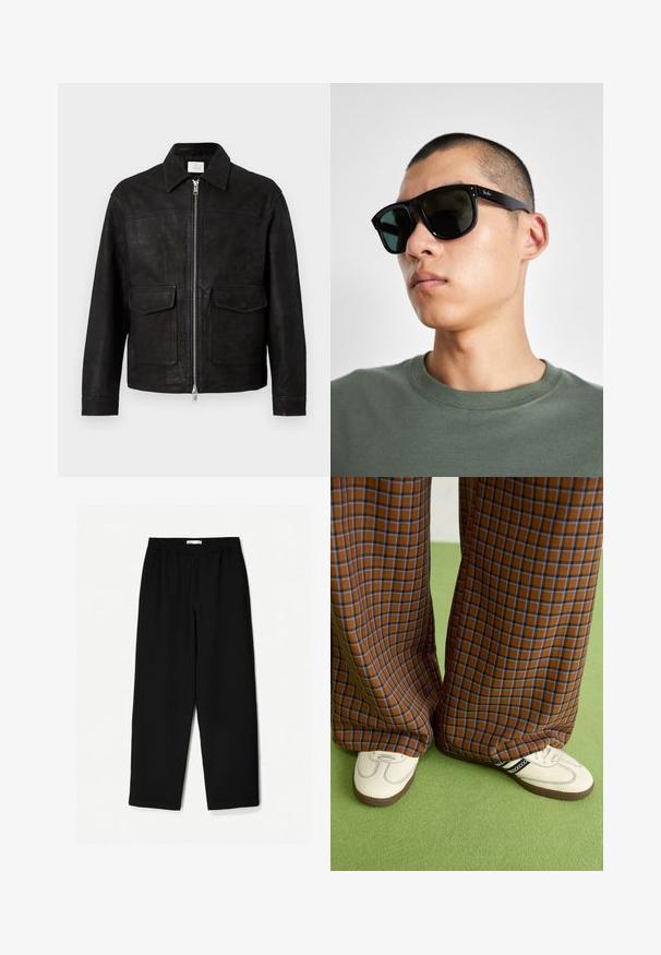 Giacca di pelle nera con colletto, zip frontale e due ampie tasche a patta su uno sfondo chiaro e semplice.; PULL&BEAR JOIN LIFE - T-shirt basic - black; Pantaloni neri a gamba larga realizzati in un tessuto leggero. Presentano una vita elasticizzata e una texture liscia. Senza motivi visibili o accessori.; Pantaloni a pieghe larghi a quadri marroni e blu abbinati a scarpe bianche con dettagli neri e suole testurizzate, posizionati su uno sfondo verde.; Occhiali da sole rettangolari neri con lenti scure, caratterizzati da una forma distintiva e un marchio sulla parte tempiale. Indossati da una persona con una maglietta verde.
