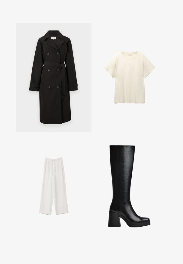 Črni dvoredni plašč iz gladkega materiala, z pasom, velikimi gumbi, zareznim ovratnikom in zavihanimi manšetami.; Svetlo bež kratkosleeven majica s okroglim ovratnikom, izdelana iz mehke, gladke tkanine. Ima sproščen kroj in raven rob.; Bele široke hlače iz lahkega materiala. Imajo elastičen pas s vrvico in stranske žepe. Gladka tekstura.; Črne škornje do kolen, izdelane iz teksturiranega sintetičnega materiala, z ovalnim nosom, debelim visokim peto in gladko, sijočo površino.