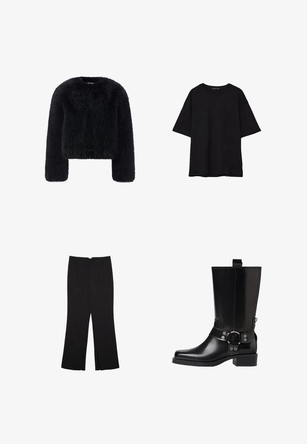 Černá umělá kožešinová bunda s kratším střihem, kulatým výstřihem a dlouhými rukávy; textura vypadá měkká a sametová s lesklým povrchem.; Černé bavlněné tričko s volným střihem, krátkými rukávy, zaobleným výstřihem a hladkou texturou. Bez viditelných vzorů nebo akcentů.; Černé kalhoty s rovným střihem, s předními kapsami a bočními rozparky na lemu. Vyrobené z jemné, hladké tkaniny. Vhodné na různé příležitosti.; Černá kožená vysoká bunda s špičatou špičkou, stříbrnými sponami a robustní podešví. Obsahuje poutko pro snadné obutí.