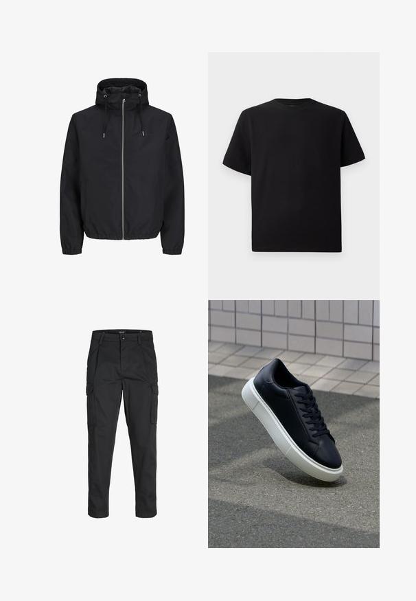 Černá kapucňová bunda vyrobená z lehkého materiálu. Obsahuje přední zip, elastické manžety a stažitelnou kapuci. Jednoduchý design s bočními kapsami.; Černé tričko s krátkým rukávem vyrobené z texturované látky, s kulatým výstřihem a volným střihem. Jednoduché, bez vzorů nebo akcentů.; Černé cargo kalhoty vyrobené z odolné tkaniny, s mnoha kapsami, knoflíkovým zapínáním a slim fit střihem se zúženými nohavicemi.; Černé kožené tenisky s kulatou špičkou a bílou gumovou podrážkou. mají ploché tkaničky a minimální šití na svršku. Texturovaná podrážka pro lepší přilnavost.