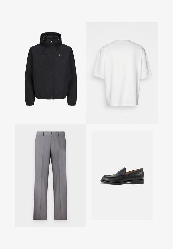 Geacă neagră cu glugă, realizată dintr-un material ușor. Are un fermoar frontal, manșete elastice și o glugă cu șnur. Design simplu cu buzunare laterale.; Tricou alb cu mânecă scurtă, croială lejeră, decolteu rotund, material din bumbac neted, spate simplu, margine dreaptă, fără modele sau accente.; Pantaloni gri, croiți cu un front neted, două buzunare laterale și un închidere cu un singur buton. Textură fină cu un model subtil de dungi.; Mocasini din piele neagră cu o finisare netedă, vârf rotund și cusături decorative pe partea superioară. Toc mic și stivuit, cu o ușoară strălucire.